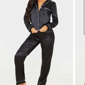 PRETTYLITTLETHING Black Satin Pocket Long PJ Set